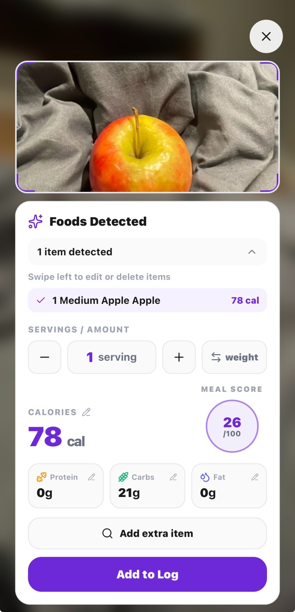Foods detected – calories and macros